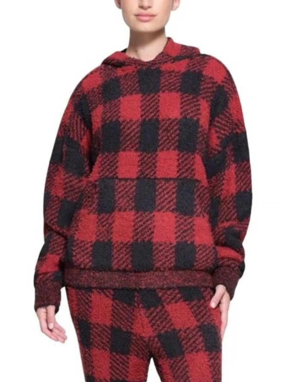 Skims Women's Red Black Brick Buffalo Check Cozy Knit Pullover Hoodie Size L/XL